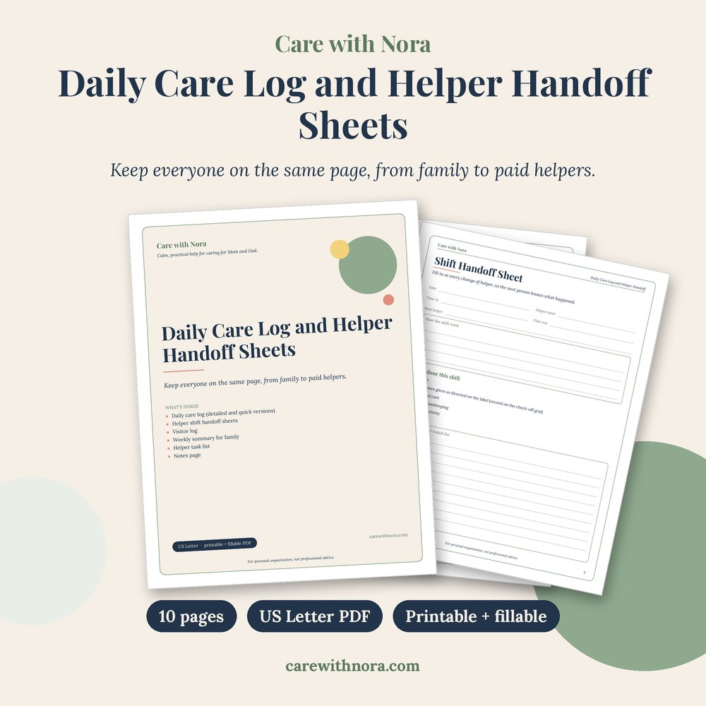 Daily Care Log and Helper Handoff Sheets cover and sample pages