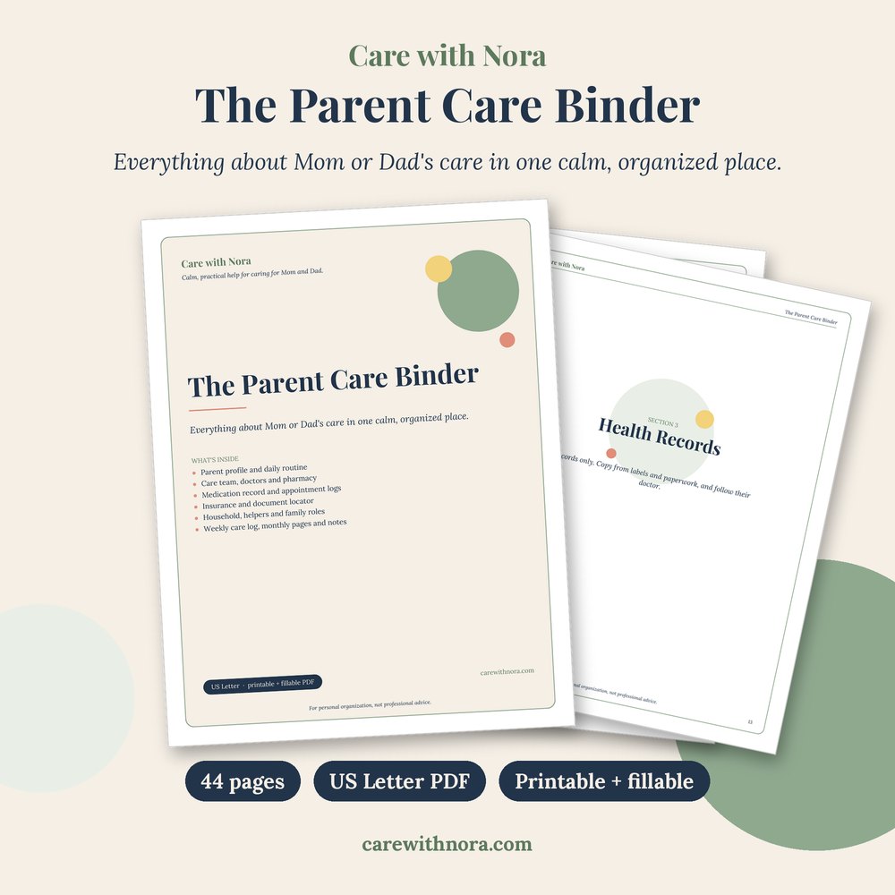The Parent Care Binder cover and sample pages